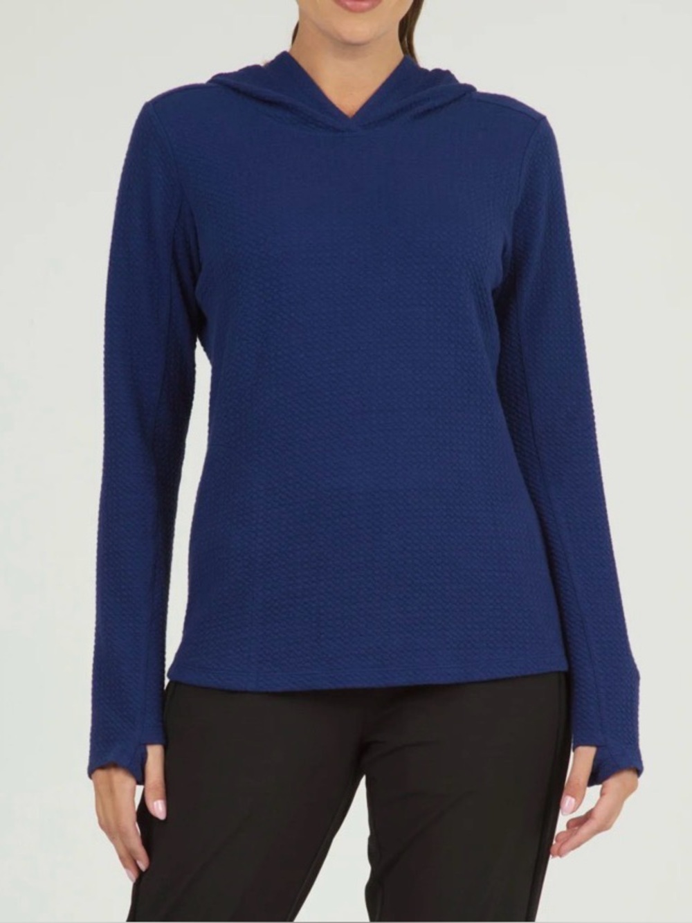 IBKUL Solid Popcorn Stitch Hooded Navy Blue Hooded Long Sleeve Top M